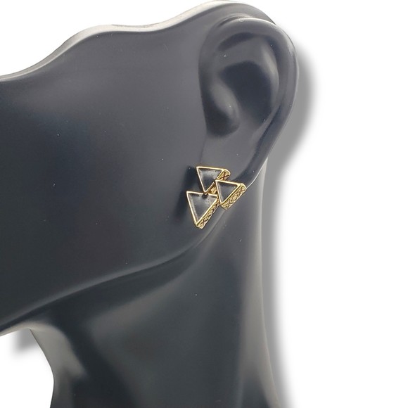 Gold Tone Black Enamel Multi Triangle Stud Earrings Geometric Small - Picture 7 of 7